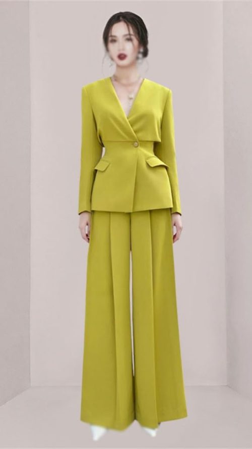 Bright Color V-neck Waisted Top High Waisted Pressed Pleated Wide Leg Pants Two-piece Set