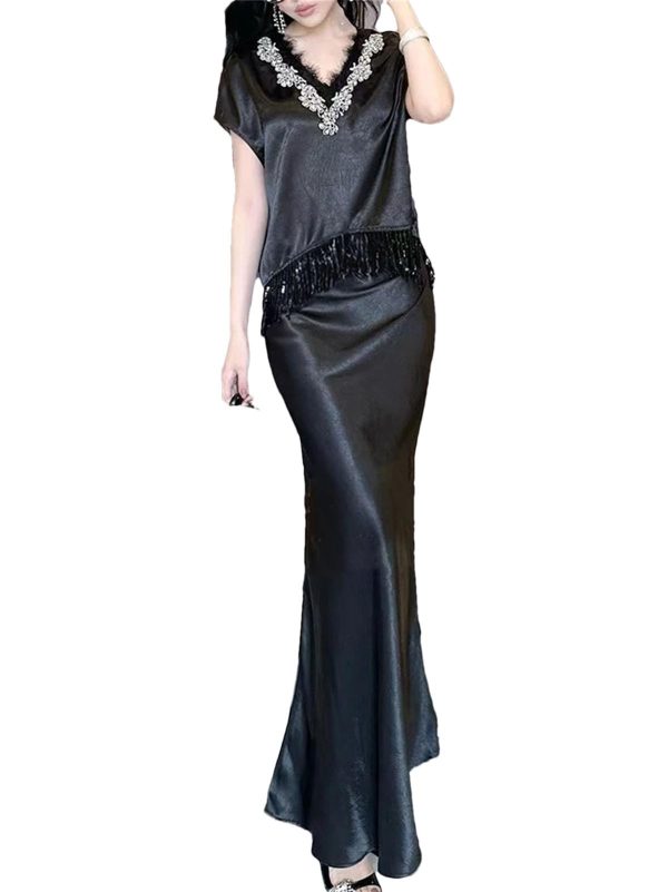 Women's Tassel Top Set - V-Neck Patchwork Crop Top & Skirt 2-Piece