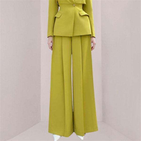 Bright Color V-neck Waisted Top High Waisted Pressed Pleated Wide Leg Pants Two-piece Set