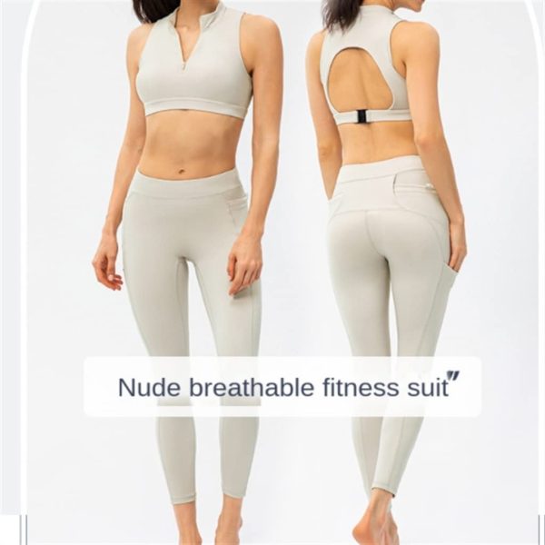 Female Yoga Suit Two-piece Set High Waist Sports Vest With Bra Nude Tight Pants And Multi Pocket Women's Fitness Suit