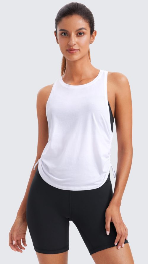 Pima Cotton Women Racerback Sleeveless Workout Tops Crew Neck Ruched Side Tanks Athletic Casual Loose Shirts