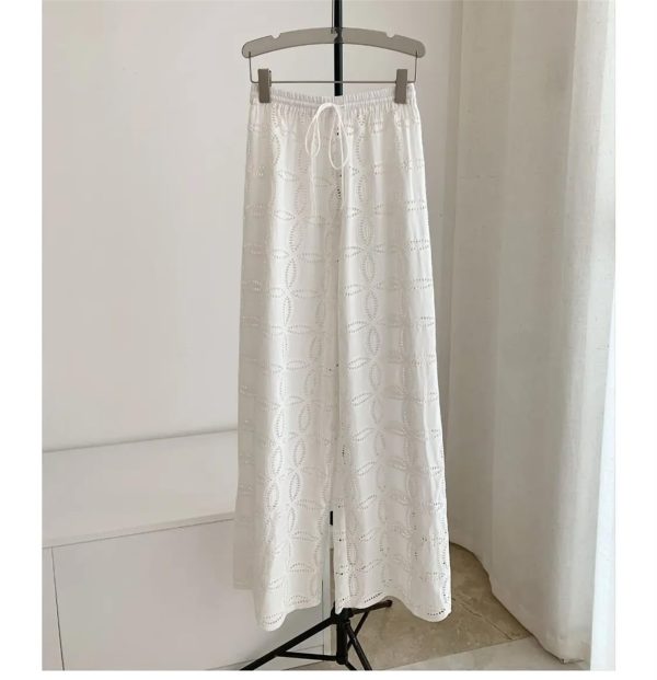 Women's Embroidered Cotton Set - White Hollow Out Shirt & Elastic Waist Pants