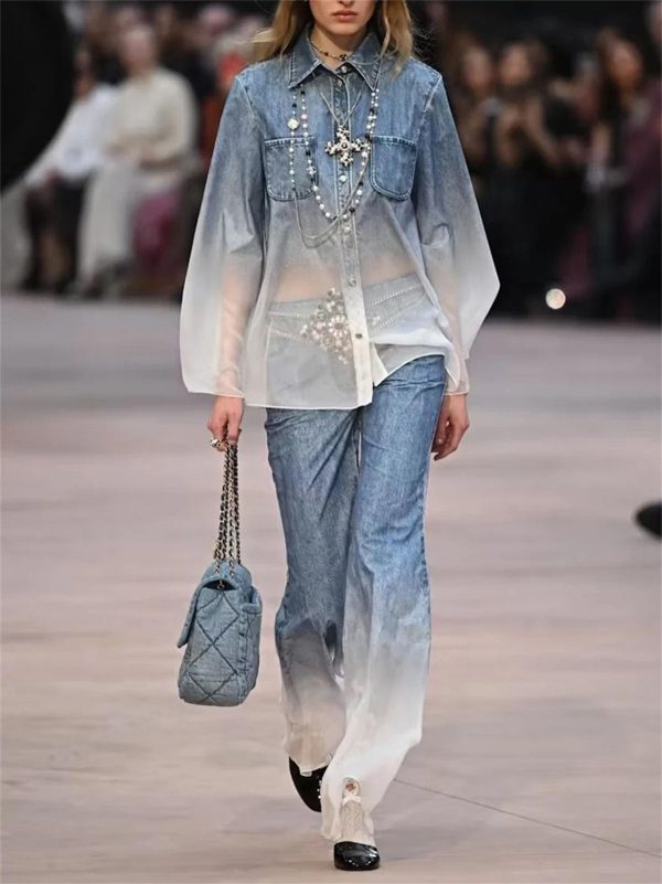 Women's Gradient Pants Set - Lapel Long Sleeve Top & High Waist Casual Outfit