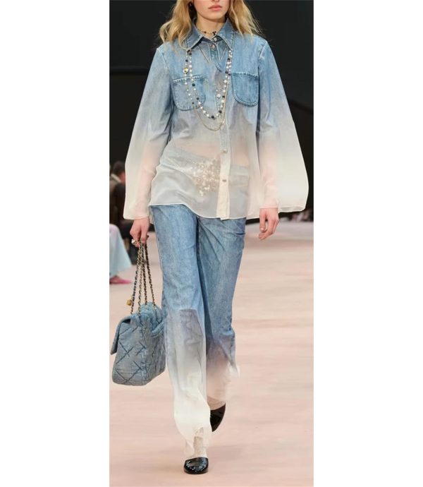 Women's Gradient Pants Set - Lapel Long Sleeve Top & High Waist Casual Outfit