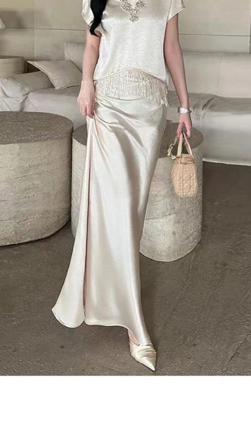 Women's Tassel Top Set - V-Neck Patchwork Crop Top & Skirt 2-Piece