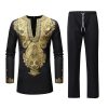 African Men's Formal Clothes Gold Print Dashiki Shirt and Pants 2 Piece Attire Traditional Long Sleeve Outfits Tracksuit