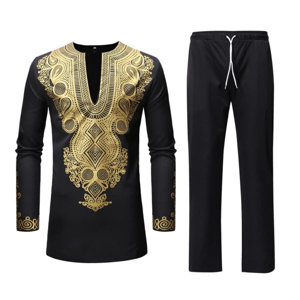 African Men's Formal Clothes Gold Print Dashiki Shirt and Pants 2 Piece Attire Traditional Long Sleeve Outfits Tracksuit