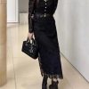Women's Lace Top Set - Square Neck Long Sleeve & Skirt Casual 2-Piece