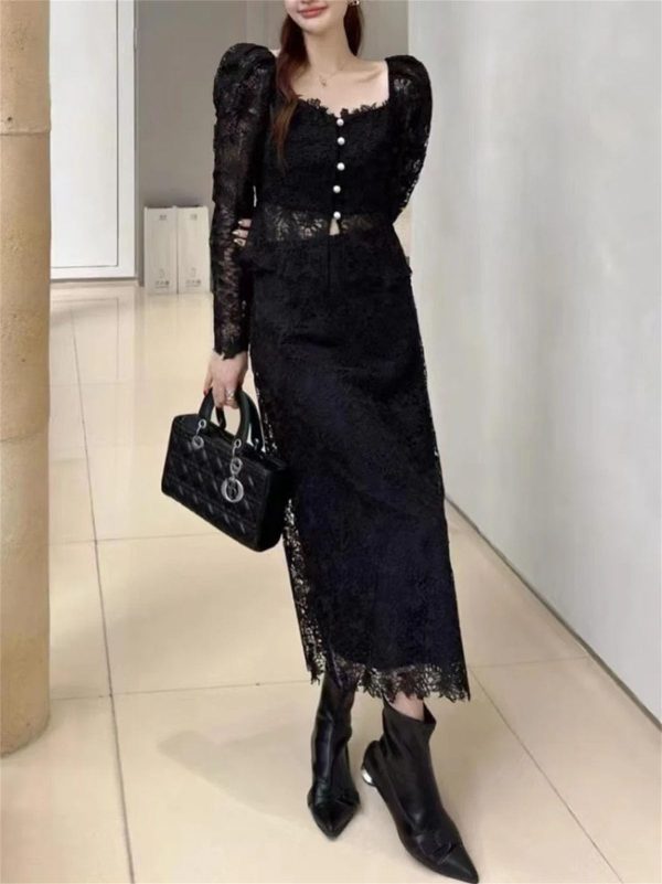 Women's Lace Top Set - Square Neck Long Sleeve & Skirt Casual 2-Piece