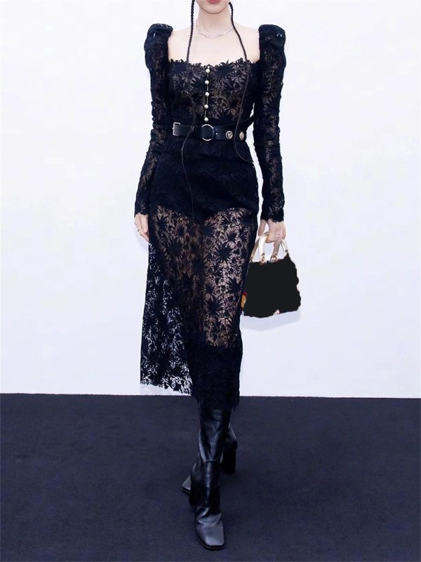 Women's Lace Top Set - Square Neck Long Sleeve & Skirt Casual 2-Piece