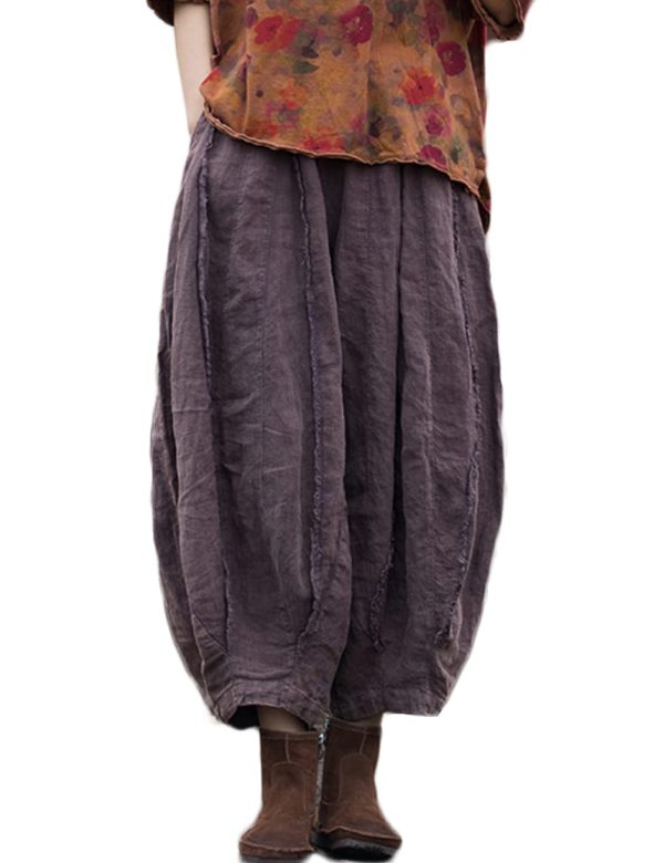 Women Wide Leg Elastic Waist Cotton Linen Distressed Patchwork Pumpkin Style Wide Leg 3/4 Length Cropped Pants