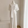 Women's Embroidered Cotton Set - White Hollow Out Shirt & Elastic Waist Pants