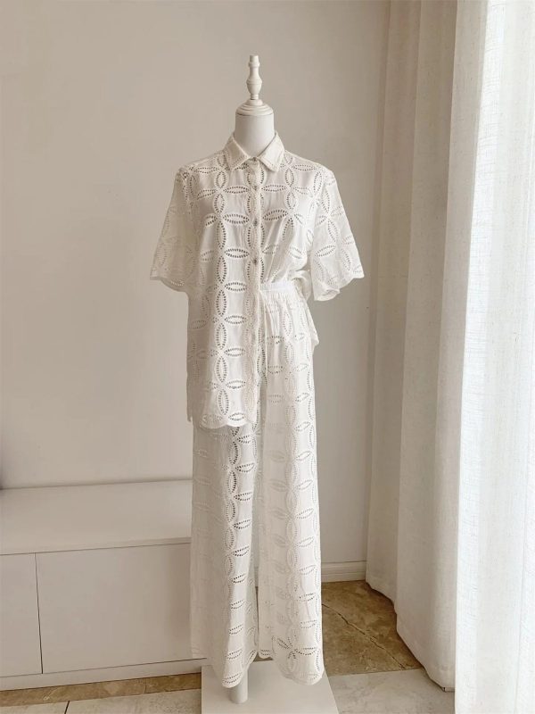 Women's Embroidered Cotton Set - White Hollow Out Shirt & Elastic Waist Pants