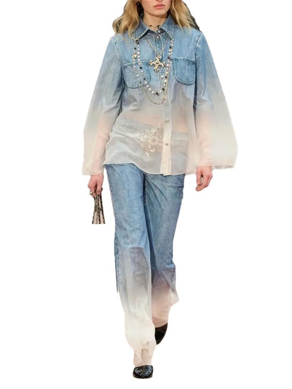 Women's Gradient Pants Set - Lapel Long Sleeve Top & High Waist Casual Outfit