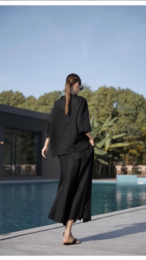 Women's Linen Suit Set - Black Skirt Seven Sleeve Travel Business Ensemble
