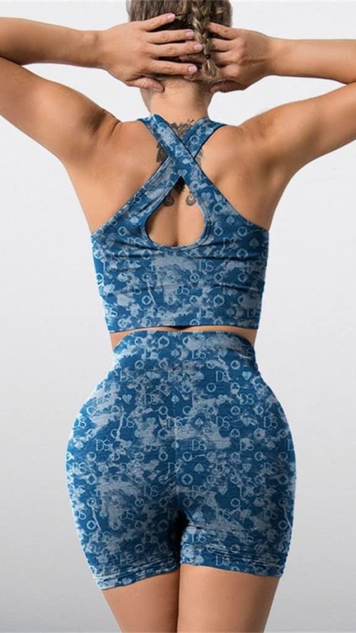 Ladies Yoga Set Seamless Printing Beautiful Back Sports Bra Peach Hip Fitness Set(Small)