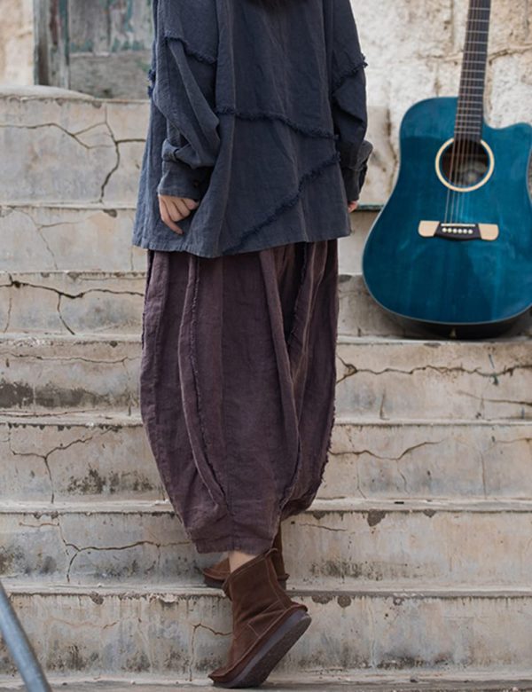 Women Wide Leg Elastic Waist Cotton Linen Distressed Patchwork Pumpkin Style Wide Leg 3/4 Length Cropped Pants