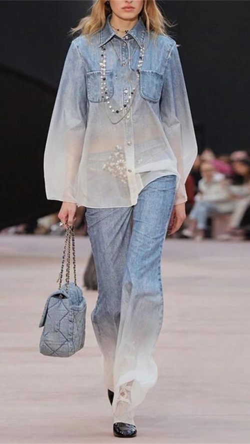 Women's Gradient Pants Set - Lapel Long Sleeve Top & High Waist Casual Outfit