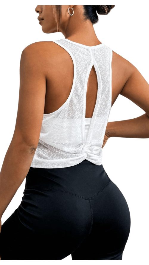 Women's Sheer Mesh Twist Open Back Workout Smocked Tank Top Cropped Athletic Shirt Cropped Athletic Shirt