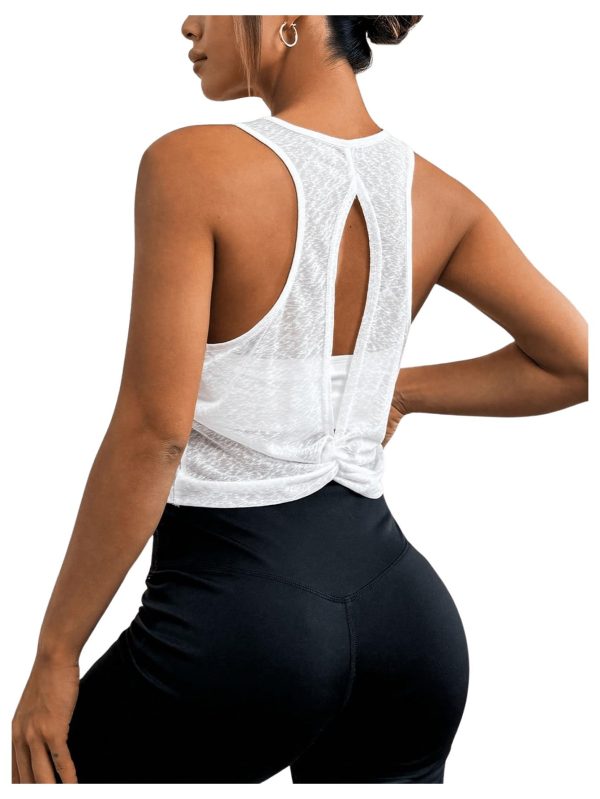 Women's Sheer Mesh Twist Open Back Workout Smocked Tank Top Cropped Athletic Shirt Cropped Athletic Shirt