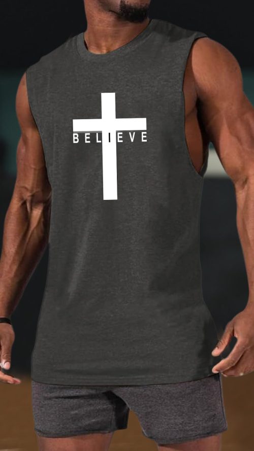 Weiyuqi Christian Tank Top for Men Jesus Cross Shirts Believe Printed Faith Sleeveless Graphic Tee Workout Muscle Shirt