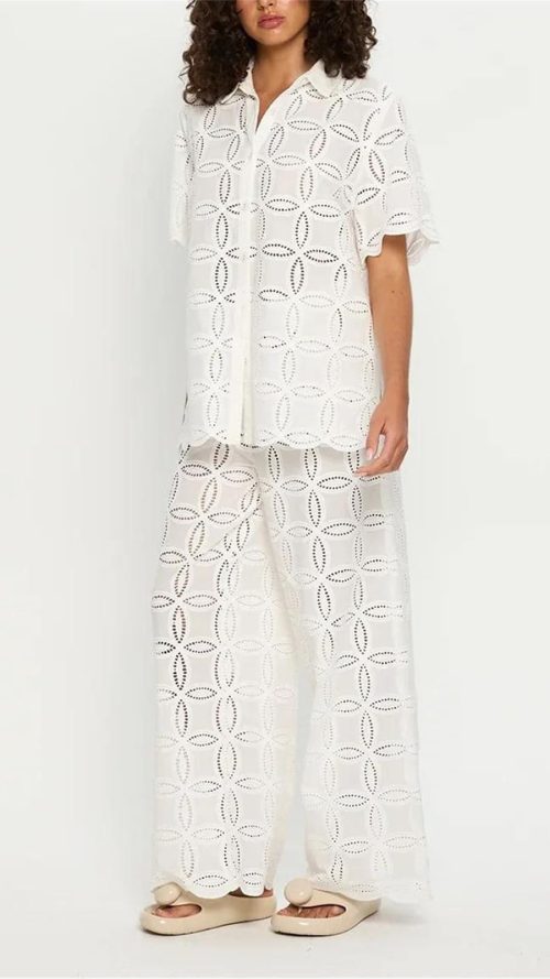 Women's Embroidered Cotton Set - White Hollow Out Shirt & Elastic Waist Pants