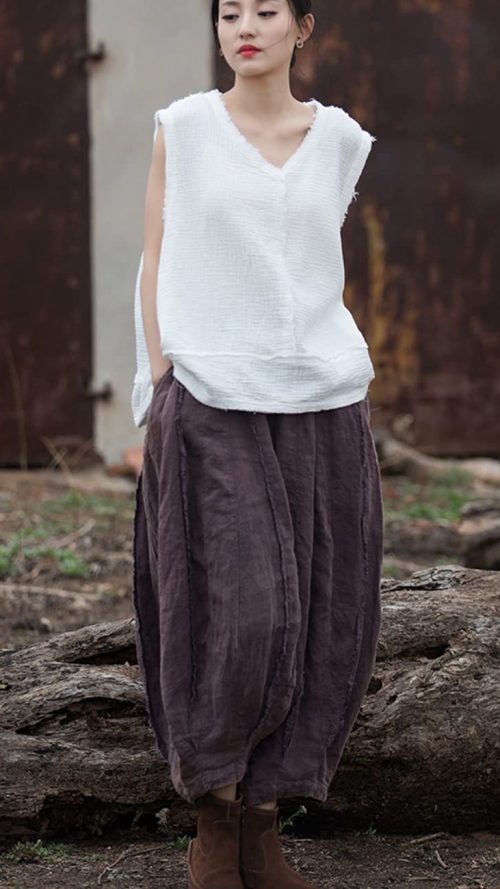 Women Wide Leg Elastic Waist Cotton Linen Distressed Patchwork Pumpkin Style Wide Leg 3/4 Length Cropped Pants