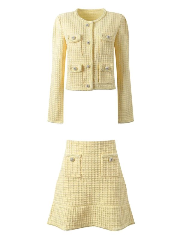 Women's Grid Print Skirt Set - Round Neck Long Sleeve Top & High Waist Mini Skirt