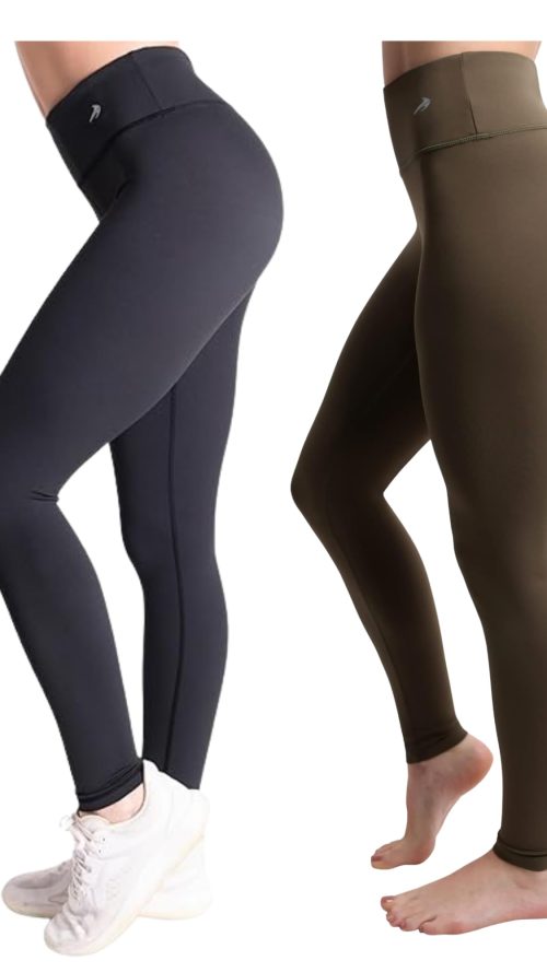 Tummy Control Compression Leggings for Women | High Waisted Workout Yoga Pants (Black + Olive Brown, X-Large) Bundle