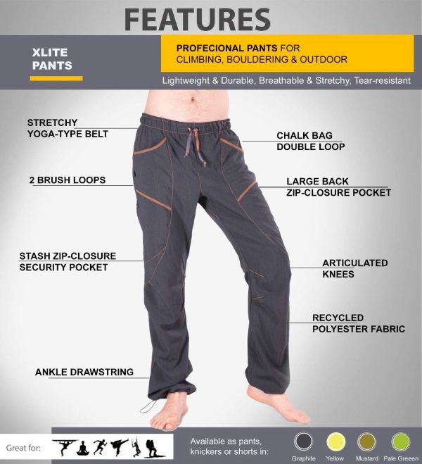 "Xlite Rock Climbing Bouldering and Yoga Pants. Lightweight Stretchy Trousers
