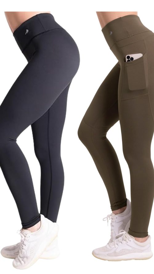 Tummy Control Compression Leggings for Women | High Waisted Workout Yoga Pants (Black + Olive Brown with Pockets, 2XL) Bundle