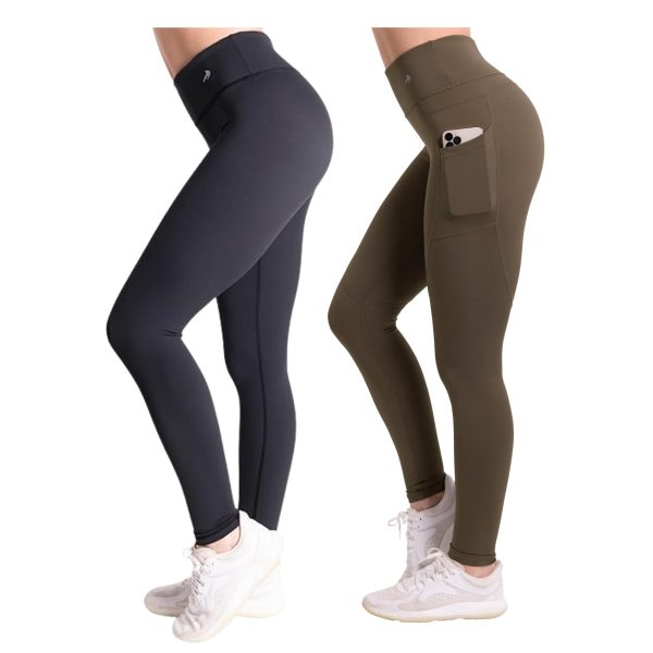 Tummy Control Compression Leggings for Women | High Waisted Workout Yoga Pants (Black + Olive Brown with Pockets, 2XL) Bundle