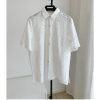 Women's Embroidered Cotton Set - White Hollow Out Shirt & Elastic Waist Pants