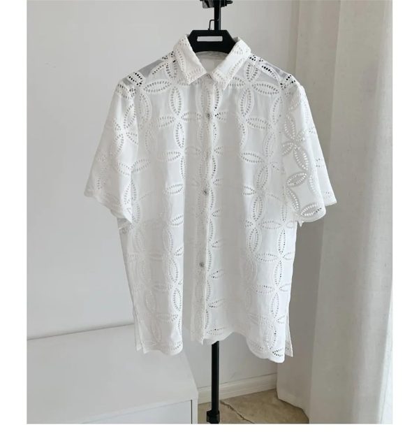 Women's Embroidered Cotton Set - White Hollow Out Shirt & Elastic Waist Pants