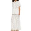 Women's Embroidered Cotton Set - White Hollow Out Shirt & Elastic Waist Pants