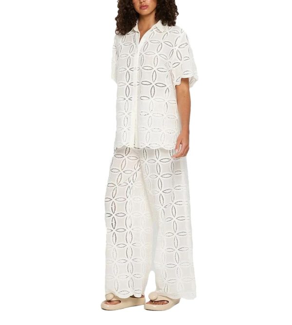 Women's Embroidered Cotton Set - White Hollow Out Shirt & Elastic Waist Pants