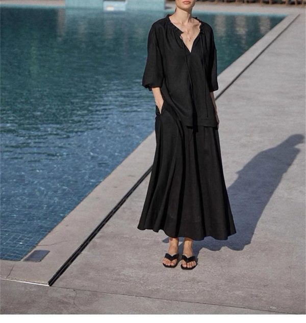 Women's Linen Suit Set - Black Skirt Seven Sleeve Travel Business Ensemble