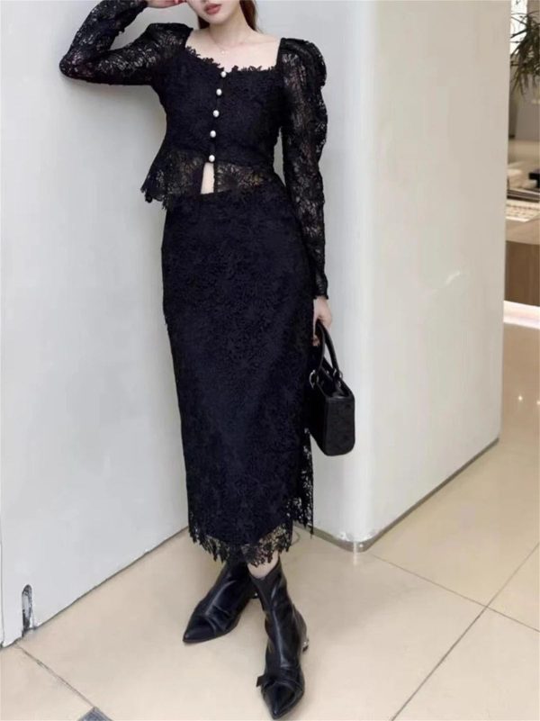 Women's Lace Top Set - Square Neck Long Sleeve & Skirt Casual 2-Piece