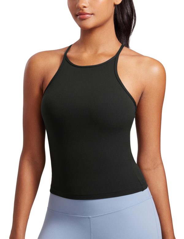 Butterluxe Womens Y Back Workout Crop Tank Top with Built in Shelf Bra - Padded Halter High Neck Yoga Camisole