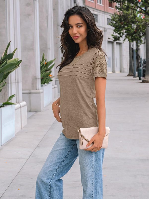 Women's Short Sleeve Shirts Dressy Lace Summer Tops 2025 Spring Trendy Casual T-Shirts Cute Work Outfits Blouses