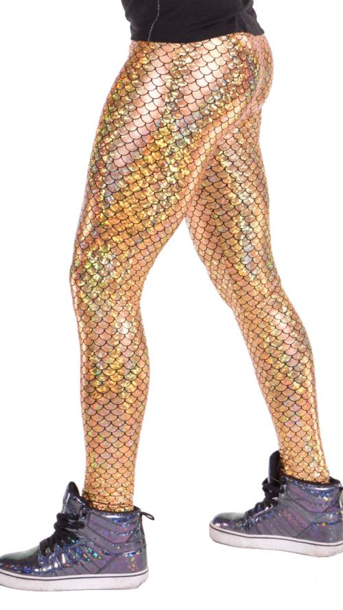 / Funstigators Festival Clothing: Holographic Gold Merman Meggings - Made in USA (Gold Mermaid, L)