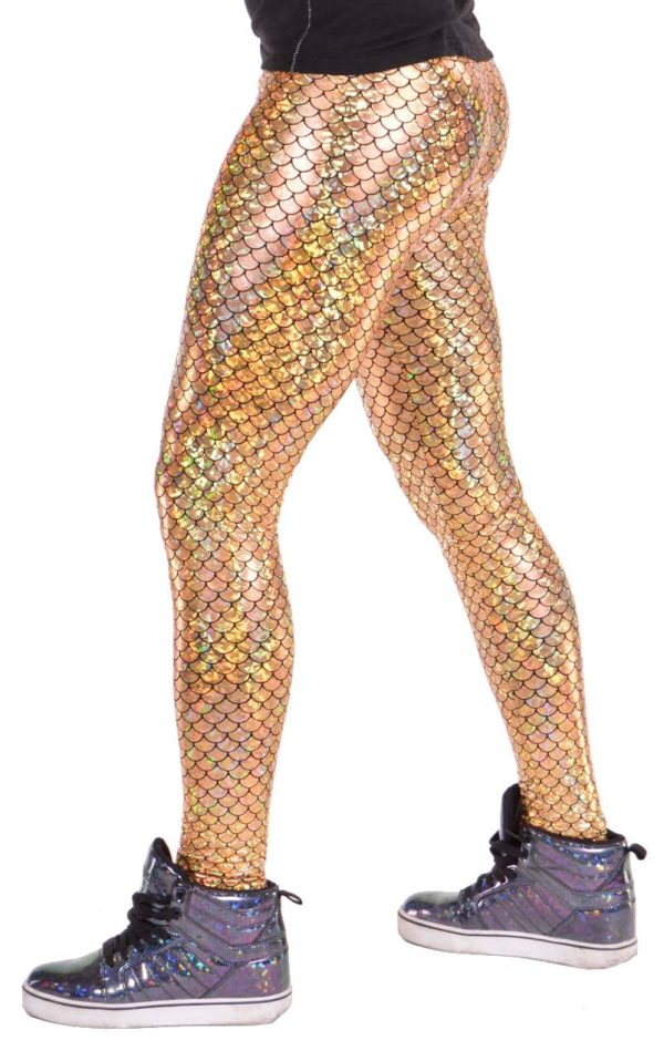 / Funstigators Festival Clothing: Holographic Gold Merman Meggings - Made in USA (Gold Mermaid, L)