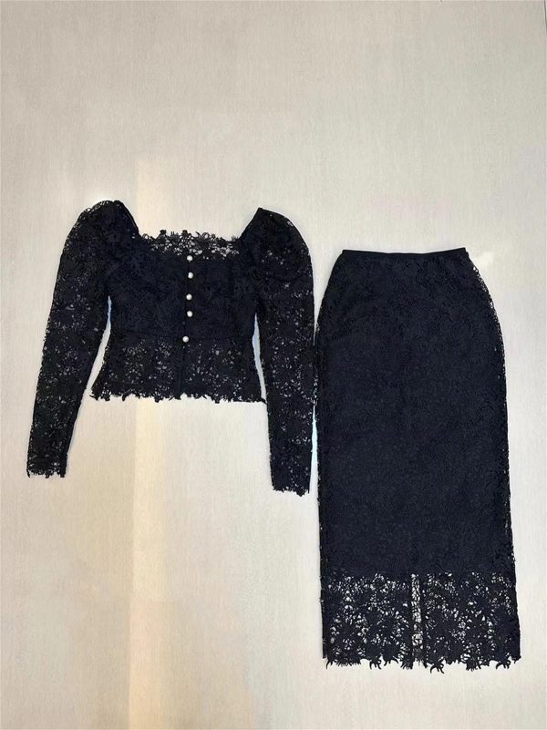 Women's Lace Top Set - Square Neck Long Sleeve & Skirt Casual 2-Piece