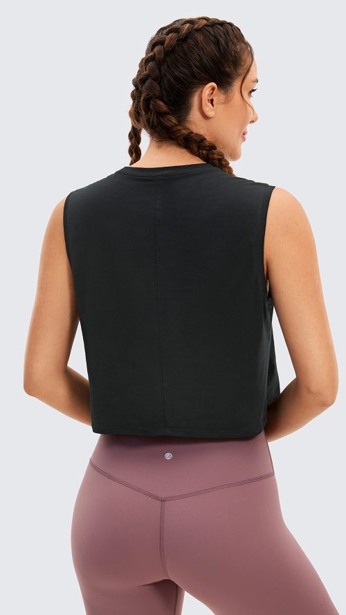 Pima Cotton Cropped Tank Workout Crop Tops for Women Sleeveless Athletic Loose Yoga Shirts