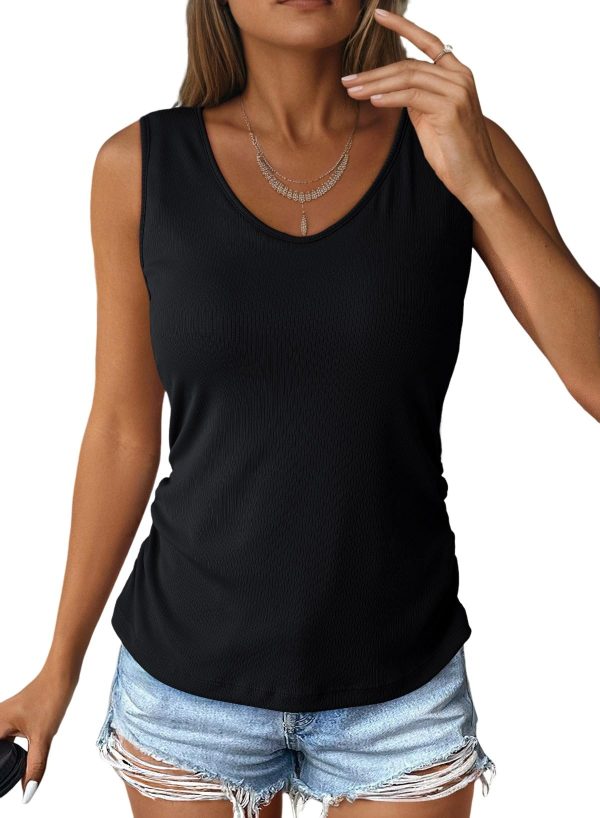 Tank Top with Built in Bra for Women Casual Summer Sleeveless Tops Slim Fitted V Neck Ruched Cami Shirts