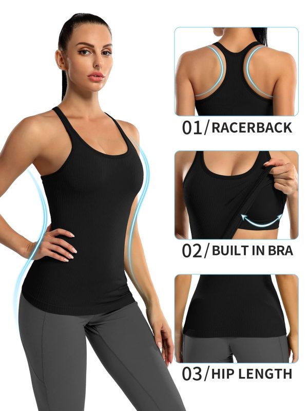Ribbed Workout Tank Tops for Women with Built in Bra Tight Racerback Scoop Neck Athletic Top