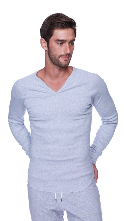 Men's Ribbed Thermal V-Neck Long Sleeve Yoga & Gym Henley Modal Fabric Made in America Stretch European Style Fit