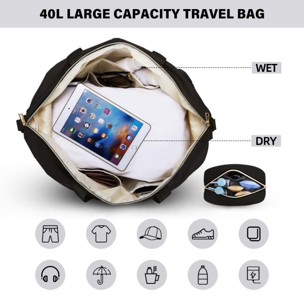 Multifunctional Gym Bag for Women, Black with USB Charging Port, 40L Waterproof Duffel Bag for Travel, Gym, Yoga, Weekender,