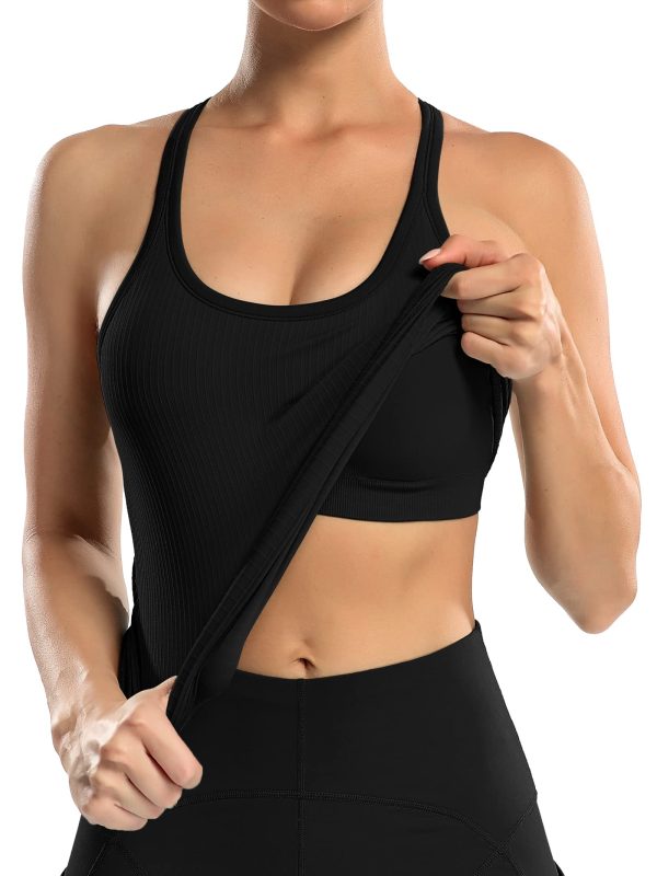 Ribbed Workout Tank Tops for Women with Built in Bra Tight Racerback Scoop Neck Athletic Top