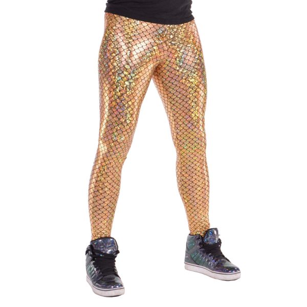 / Funstigators Festival Clothing: Holographic Gold Merman Meggings - Made in USA (Gold Mermaid, L)